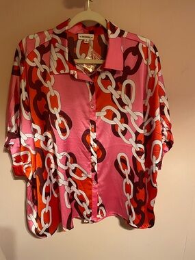 Oversized Pink & Red Chain Print Satin Button-Up Blouse